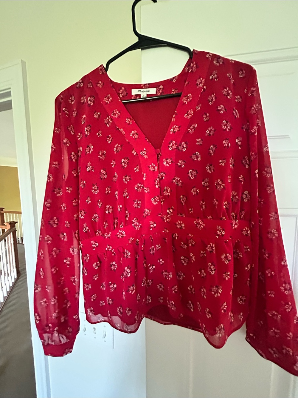 Madewell Red Floral Peplum V-Neck Blouse